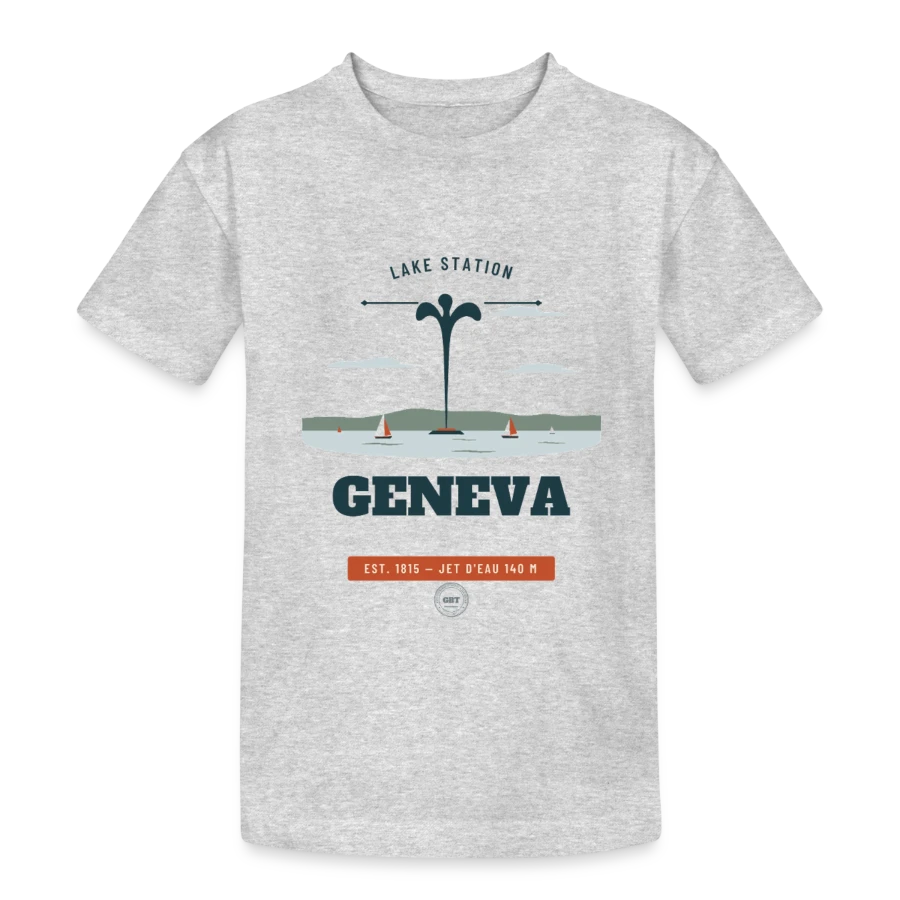 Geneva badge on a teenager heavy cotton t-shirt, heather grey