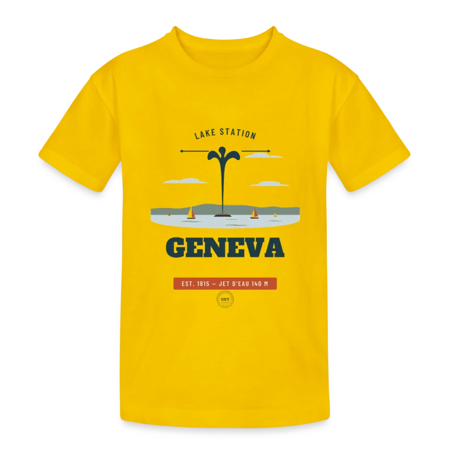 Geneva badge on a teenager heavy cotton t-shirt, egg yellow