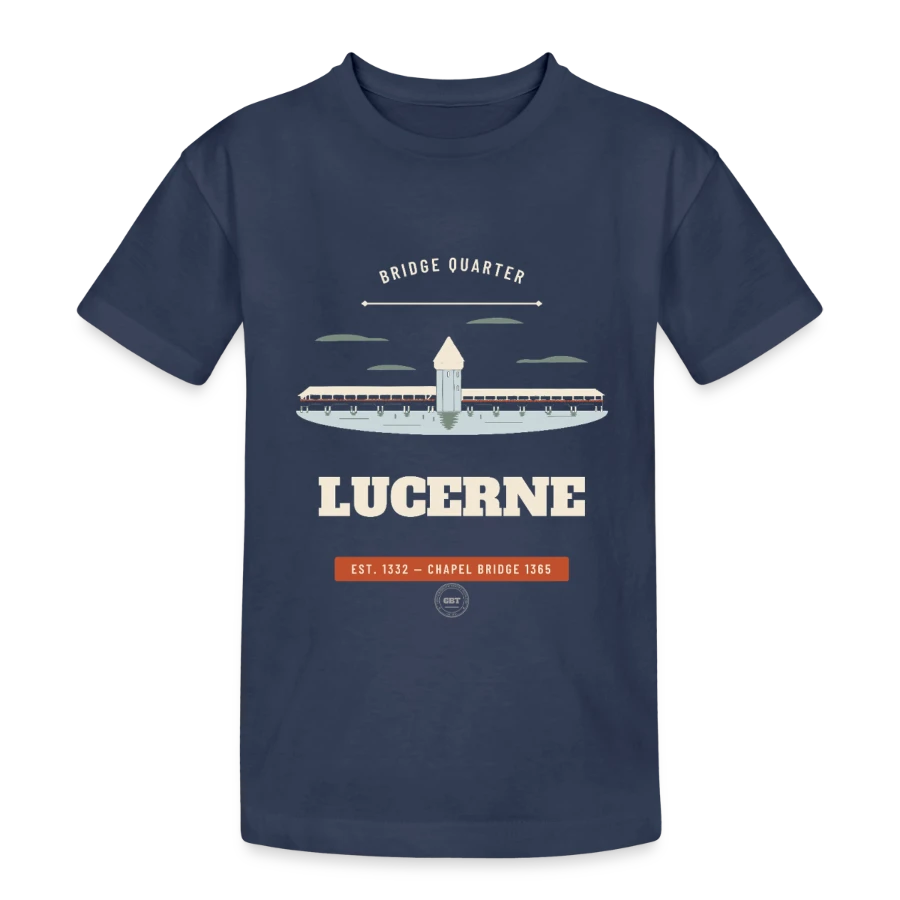 Lucerne badge on a teenager heavy cotton t-shirt, navy