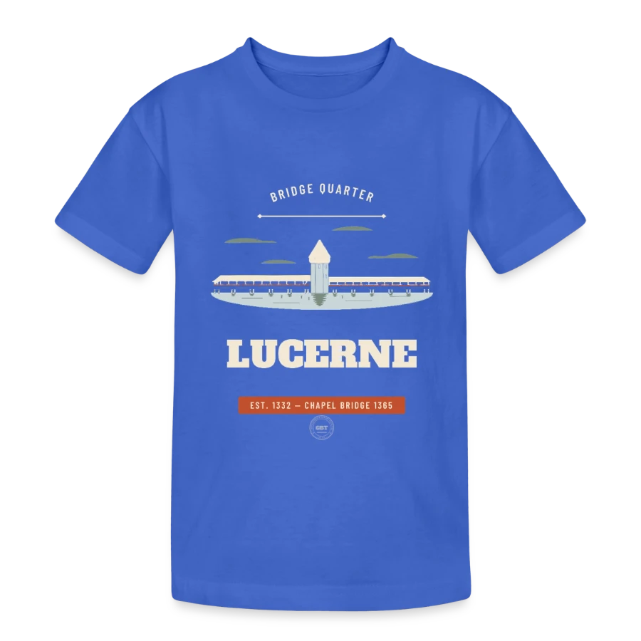 Lucerne badge on a teenager heavy cotton t-shirt, royal blue