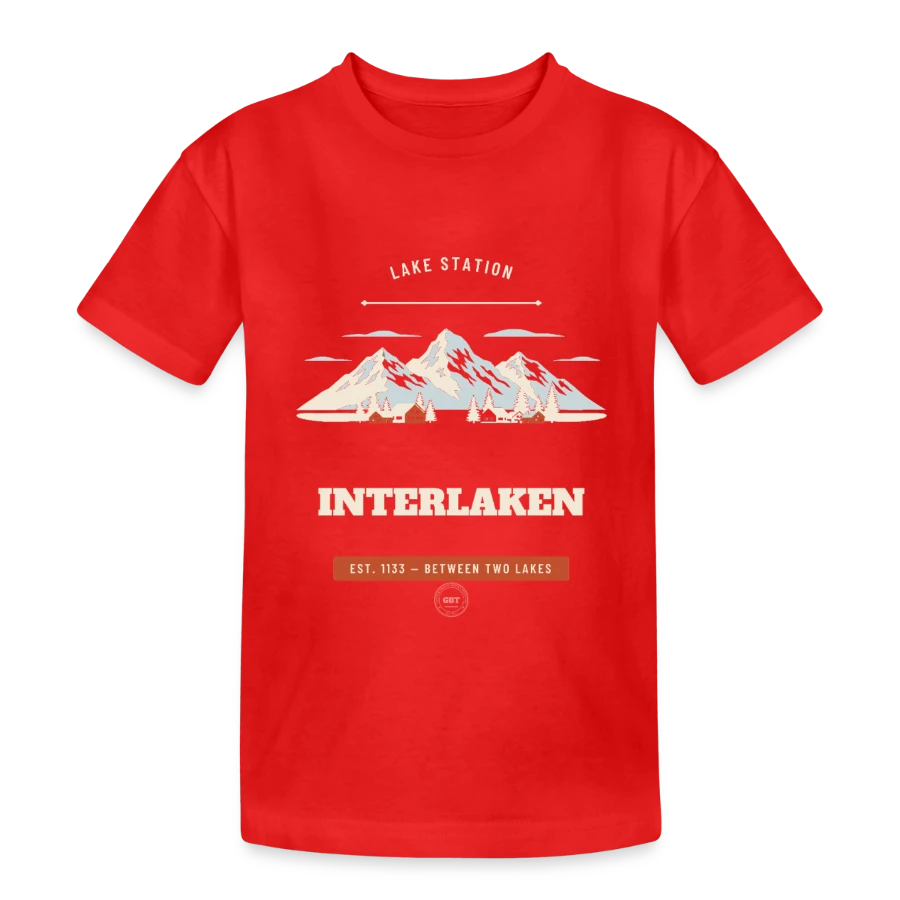 Interlaken badge on a teenager heavy cotton t-shirt, red