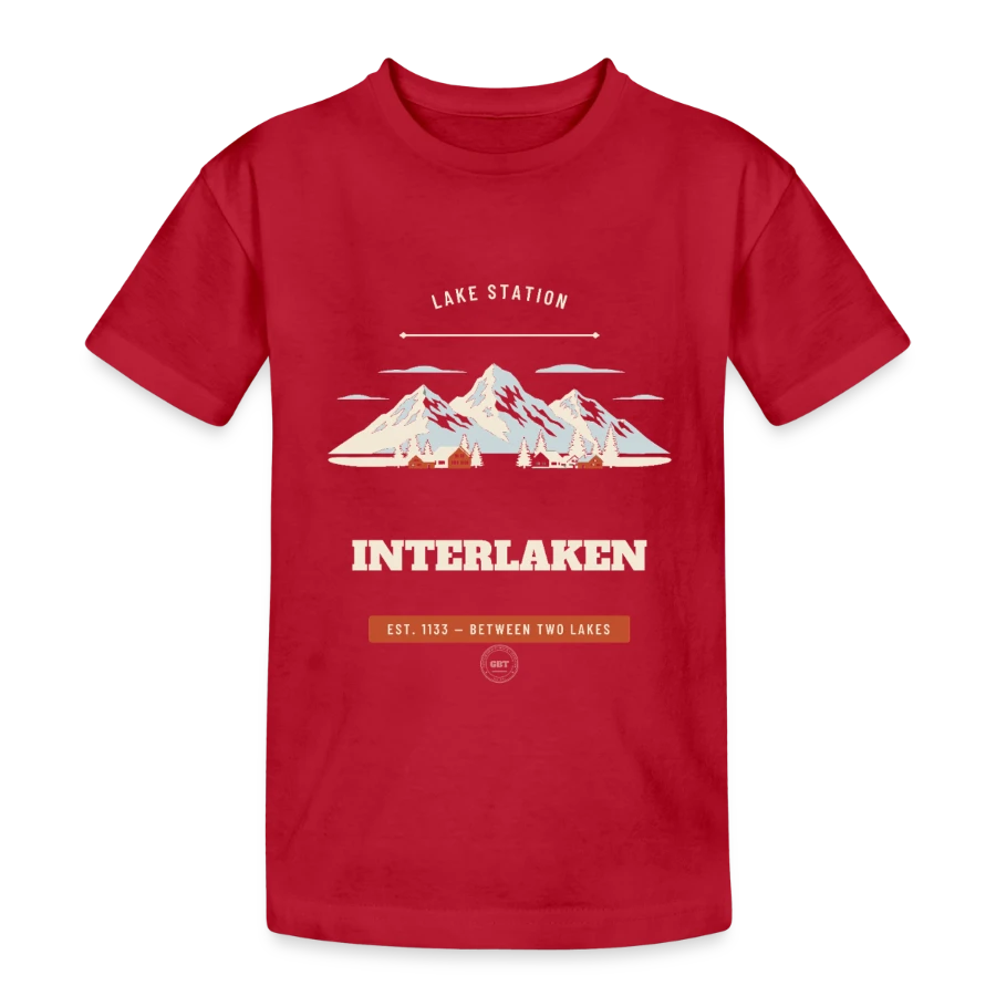 Interlaken badge on a teenager heavy cotton t-shirt, wine