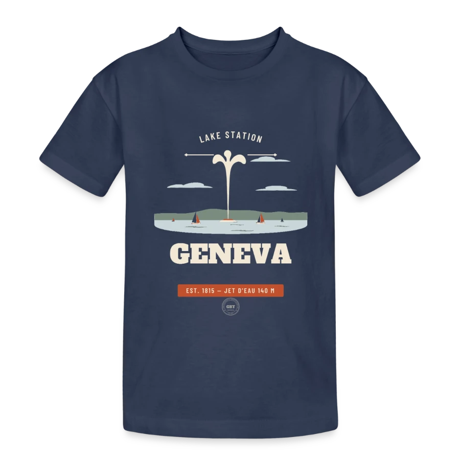 Geneva badge on a teenager heavy cotton t-shirt, navy