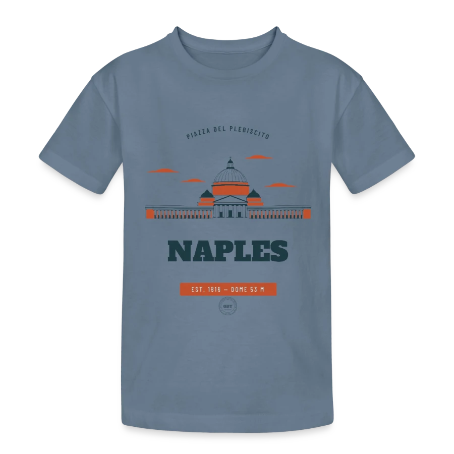 Naples badge on a teenager heavy cotton t-shirt, steel blue, front