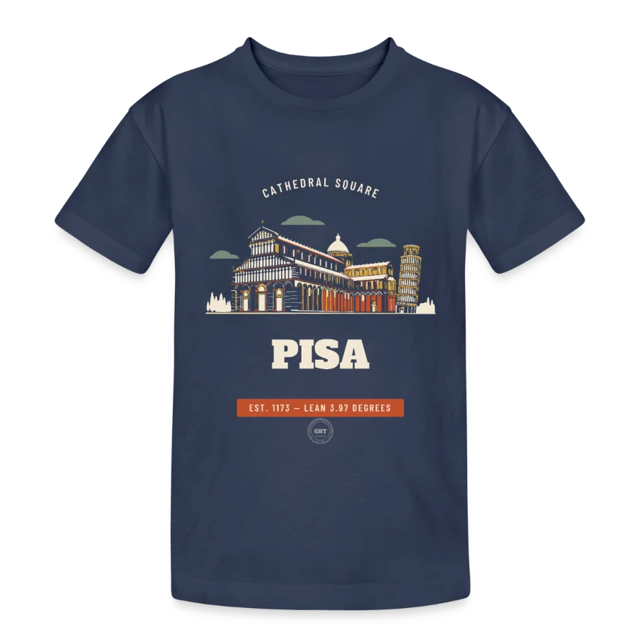 Pisa badge on a teenager heavy cotton t-shirt, navy, front