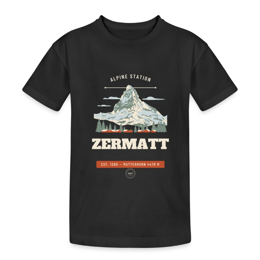Zermatt badge on a teenager heavy cotton t-shirt, black