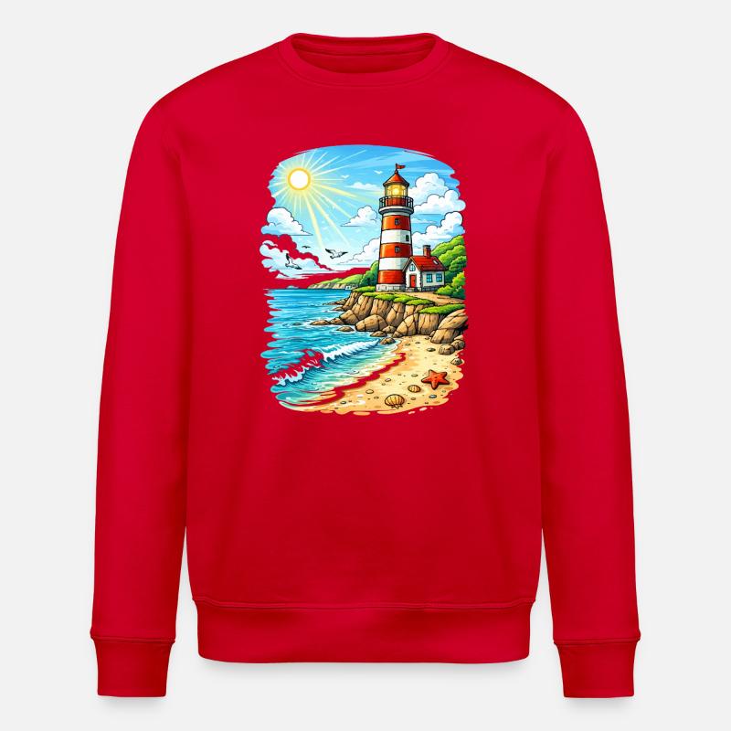 Lighthouse on sunny coastal beach - Stanley/Stella ROLLER Unisex Organic Sweatshirt - red