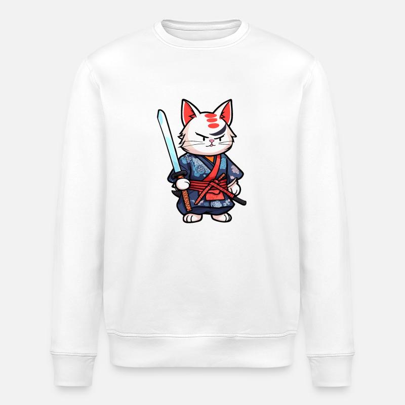 Samurai Cat #25 - Stanley/Stella ROLLER Unisex Organic Sweatshirt - white