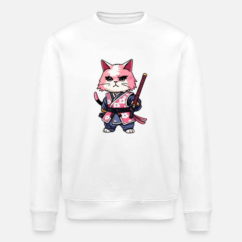 Samurai Cat & Cherry Blossoms #11 - Stanley/Stella ROLLER Unisex Organic Sweatshirt - white