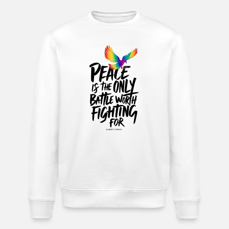 Feurige Regenbogentaube mit Friedenstext - Stanley/Stella Unisex Bio-Sweatshirt ROLLER - Weiß