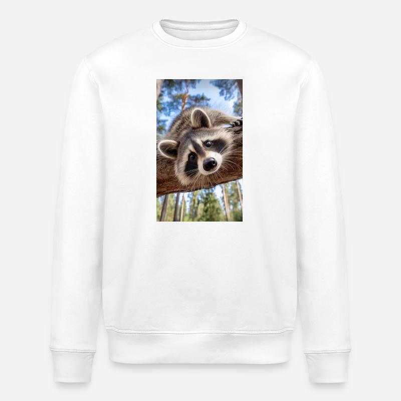 Curious Raccoon on Tree Limb - Stanley/Stella ROLLER Unisex Organic Sweatshirt - white