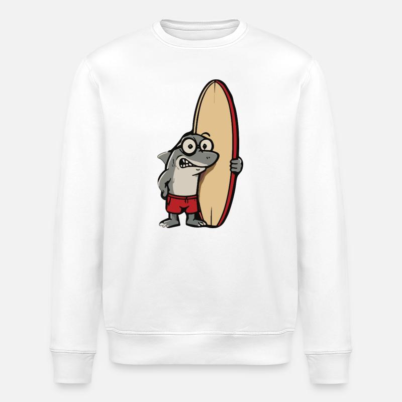 Surfer shark cartoon with surfboard - Stanley/Stella ROLLER Unisex Organic Sweatshirt - white