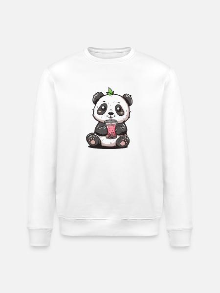 Niedlicher Panda mit Tee - Stanley/Stella Unisex Bio-Sweatshirt ROLLER - Weiß