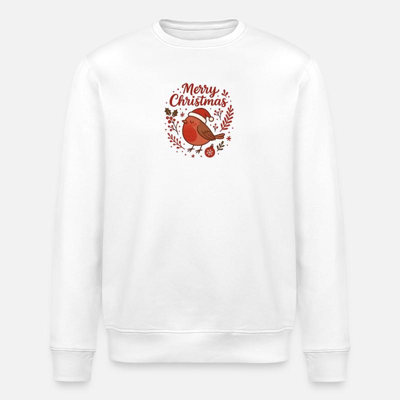 Robin mit Santa Hut – Merry Christmas - Stanley/Stella Unisex Bio-Sweatshirt ROLLER - Weiß
