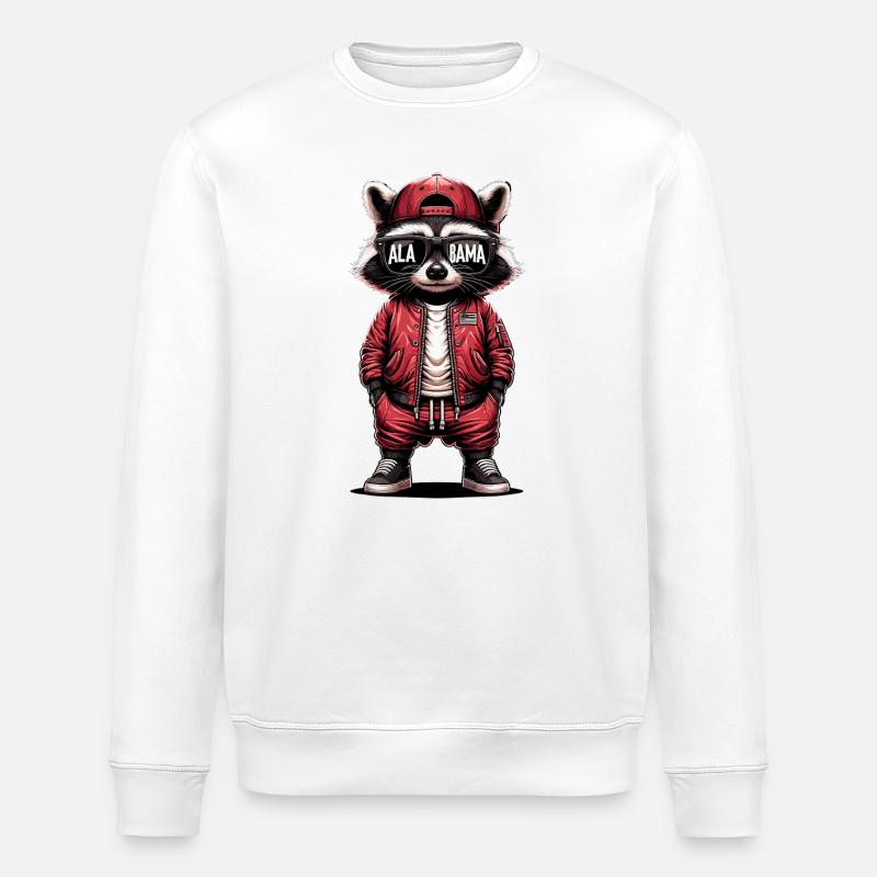 Waschbär in roter Bomberjacke - Stanley/Stella Unisex Bio-Sweatshirt ROLLER - Weiß