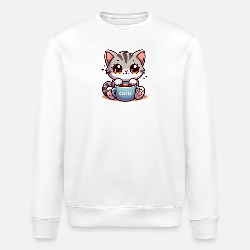Cat with Coffee Mug 4 - Stanley/Stella ROLLER Unisex Organic Sweatshirt - white