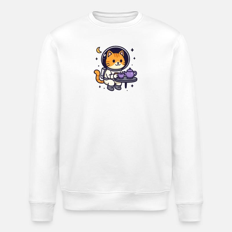 Space Cat Tea Time – Kawaii Astronaut - Stanley/Stella Unisex Bio-Sweatshirt ROLLER - Weiß