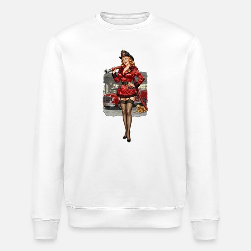 Pin-up-Feuerwehrmann in Rot - Stanley/Stella Unisex Bio-Sweatshirt ROLLER - Weiß