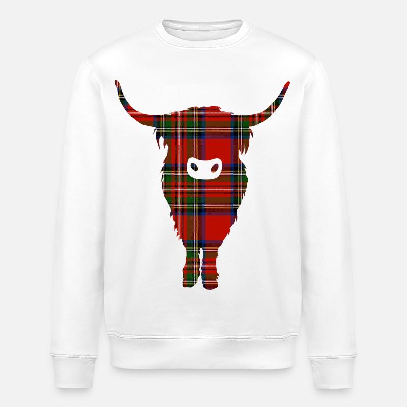 Rot-tartanfarbene Highland-Kuh-Silhouette - Stanley/Stella Unisex Bio-Sweatshirt ROLLER - Weiß