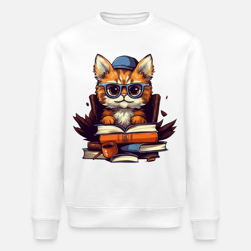 Chat avec beaucoup de livres - Sweat bio ROLLER Stanley/Stella Unisexe - blanc