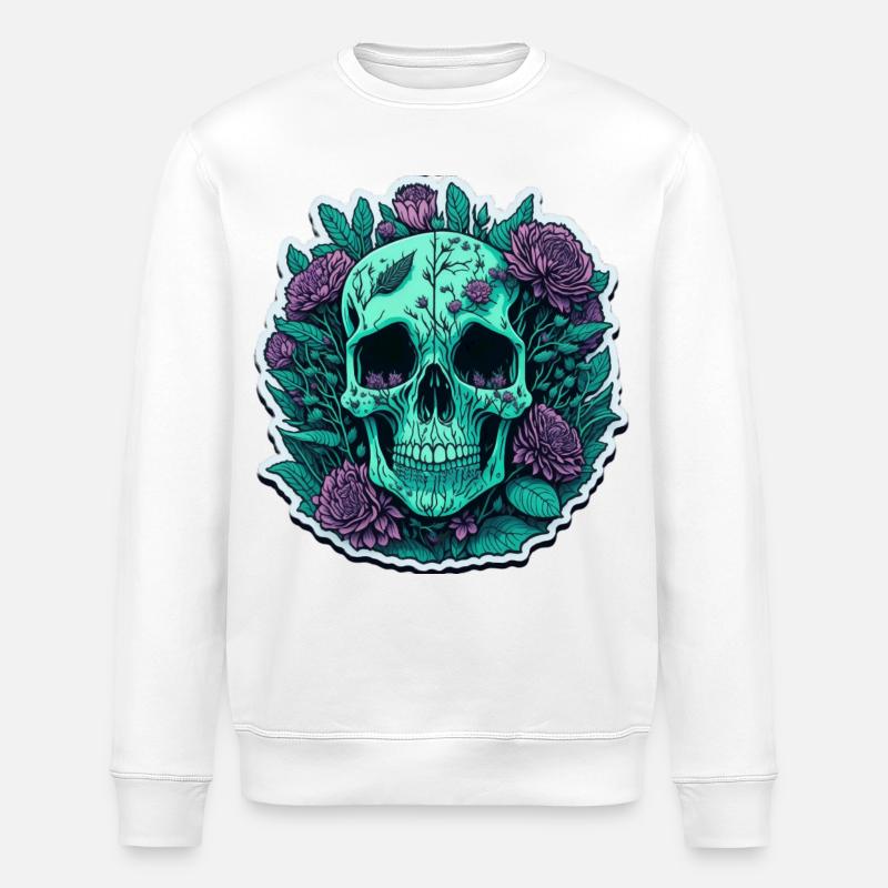 Crâne avec des fleurs violettes - Sweat bio ROLLER Stanley/Stella Unisexe - blanc