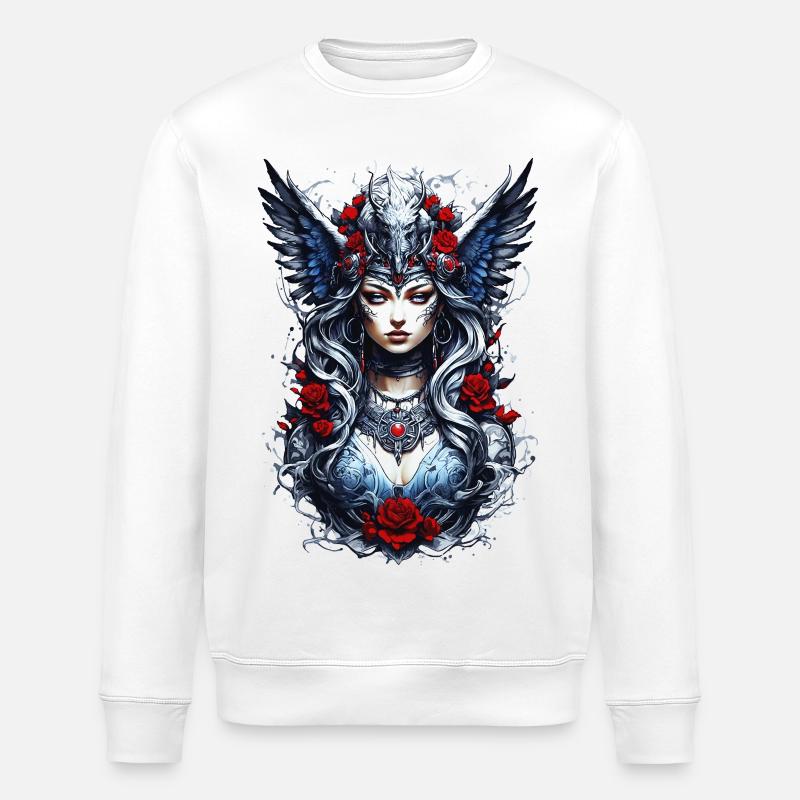 Valkyrie with Ravens, Roses, Vikings - Stanley/Stella ROLLER Unisex Organic Sweatshirt - white
