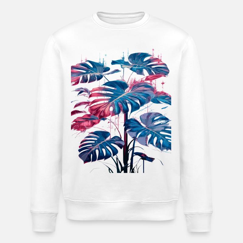 Retro Monstera Pflanze Neon Synthwave - Stanley/Stella Unisex Bio-Sweatshirt ROLLER - Weiß