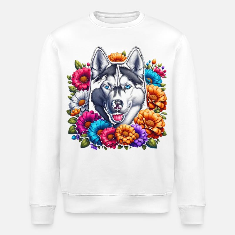 Husky et motif floral - Sweat bio ROLLER Stanley/Stella Unisexe - blanc