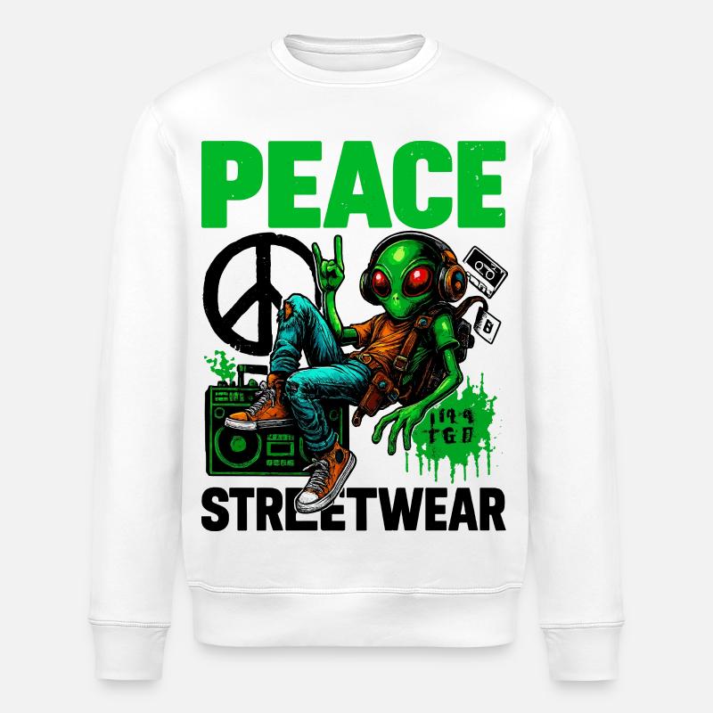 Alien mit Peace-Boombox - Stanley/Stella Unisex Bio-Sweatshirt ROLLER - Weiß