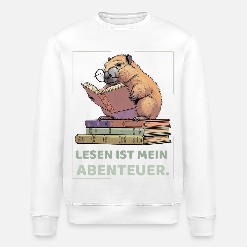 Capybara reading between stacks of books - Stanley/Stella ROLLER Unisex Organic Sweatshirt - white