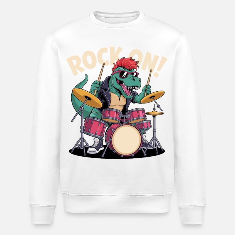 Punk Rock T-Rex Dinosaur Drummer - Percussion - Stanley/Stella ROLLER Unisex Organic Sweatshirt - white