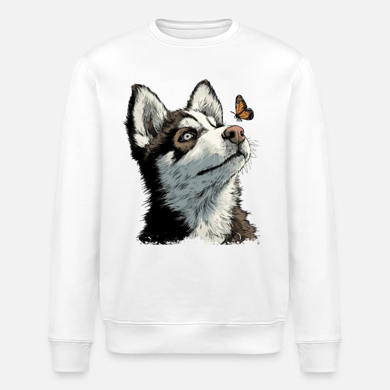 Chiot husky curieux et papillon - Sweat bio ROLLER Stanley/Stella Unisexe - blanc