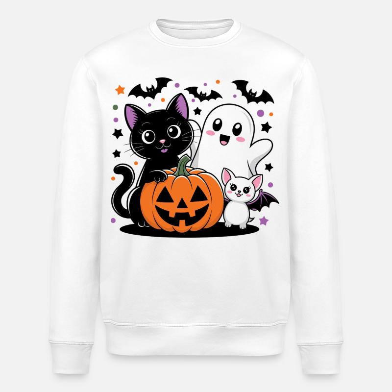 Fantôme d’Halloween et chat avec citrouille - Sweat bio ROLLER Stanley/Stella Unisexe - blanc