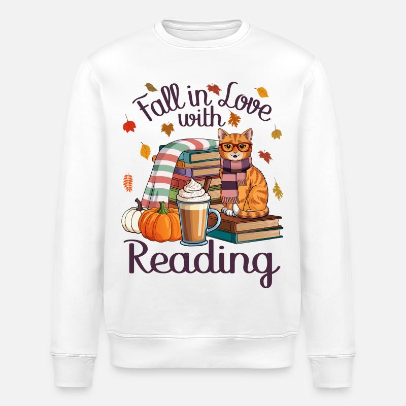 Herbst Katze Bücher  - Stanley/Stella Unisex Bio-Sweatshirt ROLLER - Weiß