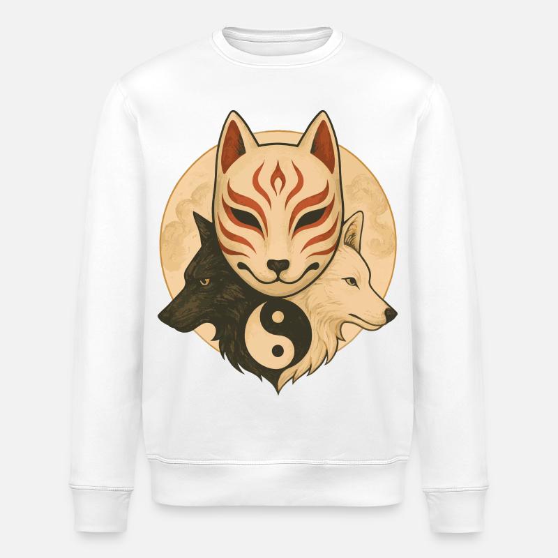 Fox Mask & Yin Yang Wolves - Stanley/Stella ROLLER Unisex Organic Sweatshirt - white