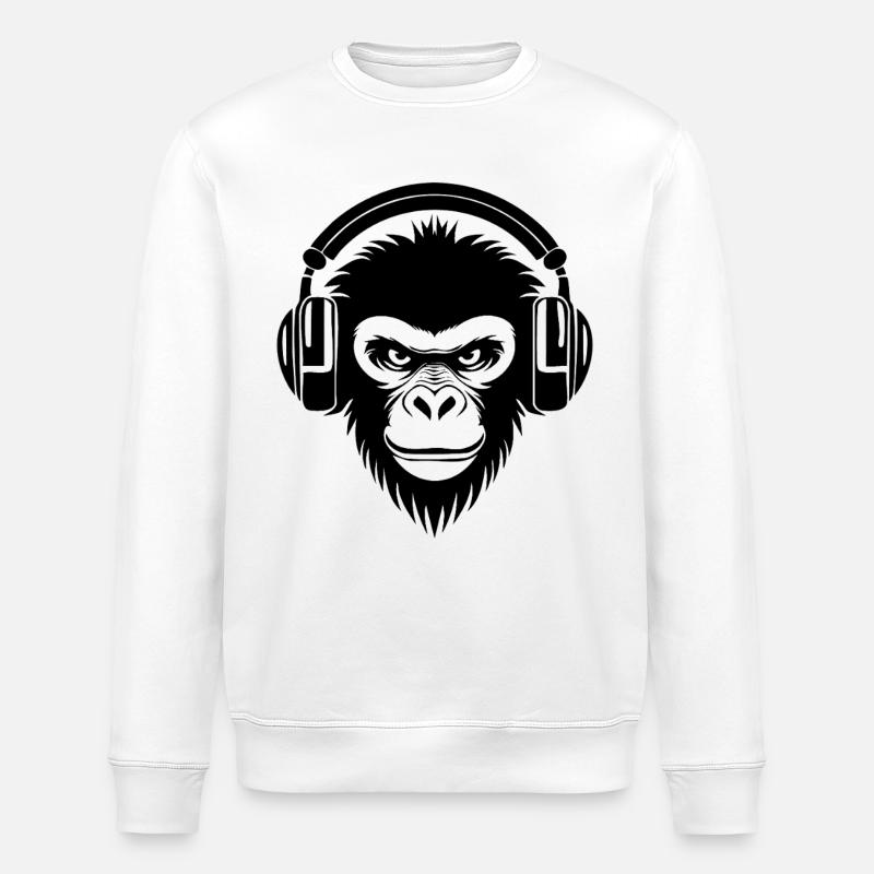 Finsterer Comic-Affe mit Kopfhörern Shirt - Stanley/Stella Unisex Bio-Sweatshirt ROLLER - Weiß