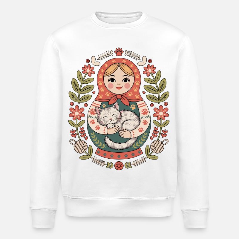 Matroschka Katze mit Blumengruß - Stanley/Stella Unisex Bio-Sweatshirt ROLLER - Weiß