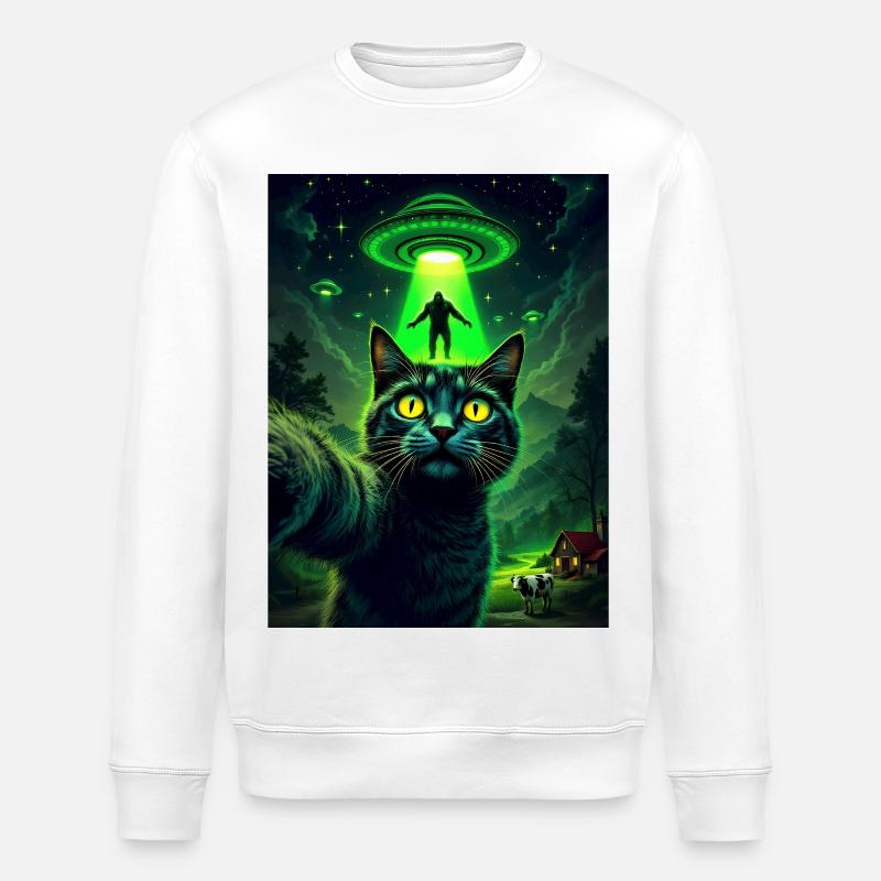 Neon-UFO Katze im Mondlicht - Stanley/Stella Unisex Bio-Sweatshirt ROLLER - Weiß
