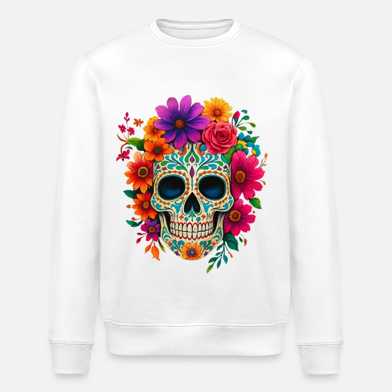 Bunter Zuckerschädel mit Blumen - Stanley/Stella Unisex Bio-Sweatshirt ROLLER - Weiß