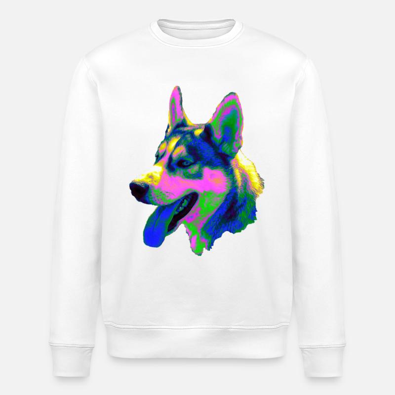Psychedelischer Husky Kopf Neonfarben - Stanley/Stella Unisex Bio-Sweatshirt ROLLER - Weiß