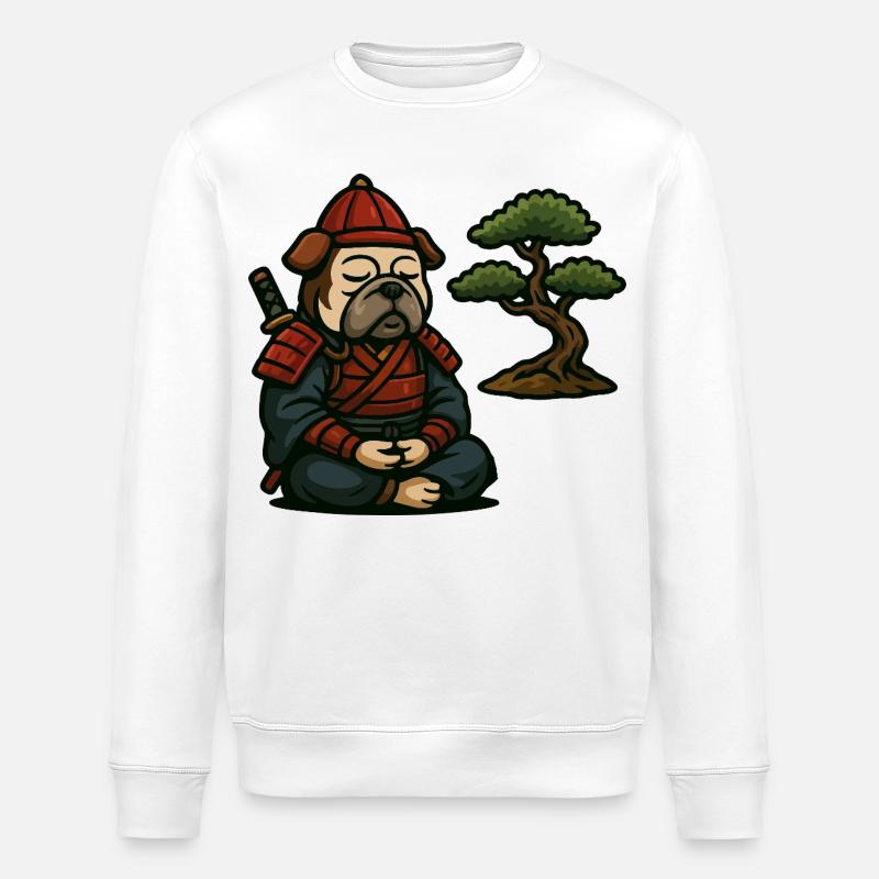 Bulldog Samurai Meditating with Bonsai Tree - Stanley/Stella ROLLER Unisex Organic Sweatshirt - white