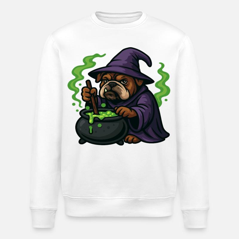 Bulldog Wizard Stirring Green Magic Cauldron - Stanley/Stella ROLLER Unisex Organic Sweatshirt - white