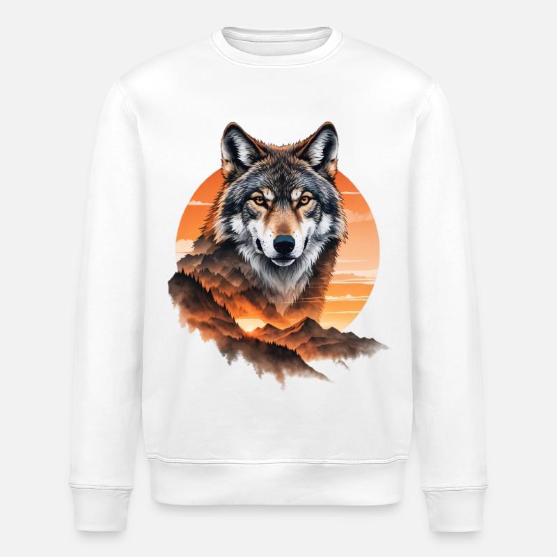 Wolf im Abendrot über Bergen - Stanley/Stella Unisex Bio-Sweatshirt ROLLER - Weiß