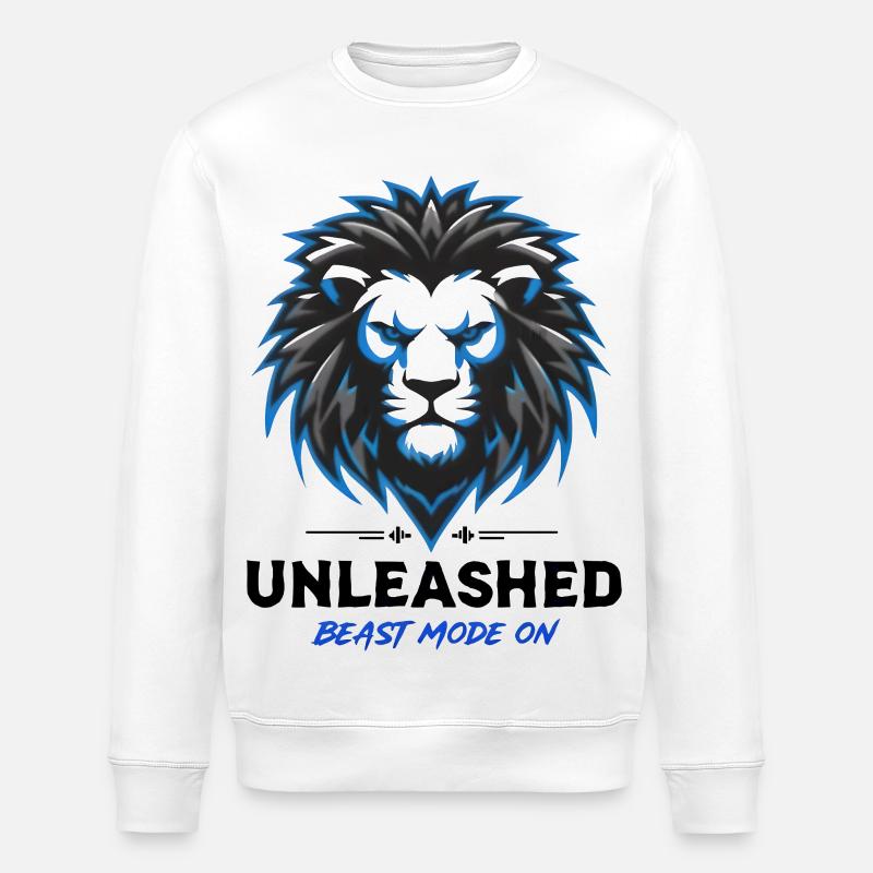 Blue Neon Lion Crest Unleashed - Stanley/Stella ROLLER Unisex Organic Sweatshirt - white