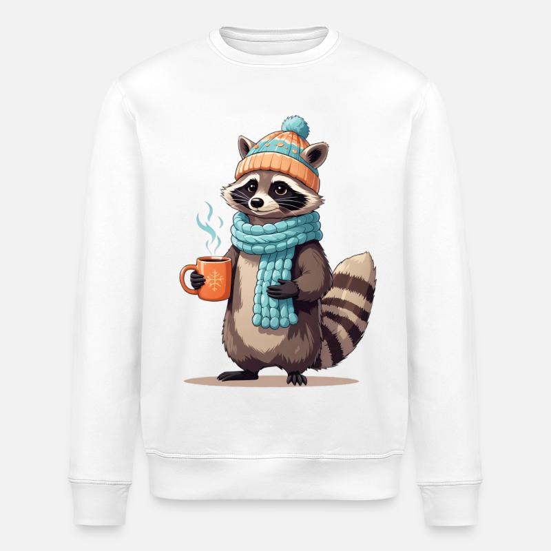 Winterlicher Waschbär mit Tee - Stanley/Stella Unisex Bio-Sweatshirt ROLLER - Weiß