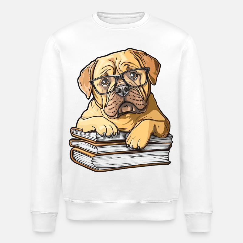 Niedliches Mastiff-Hund-Lesebuch mit Brille - Stanley/Stella Unisex Bio-Sweatshirt ROLLER - Weiß