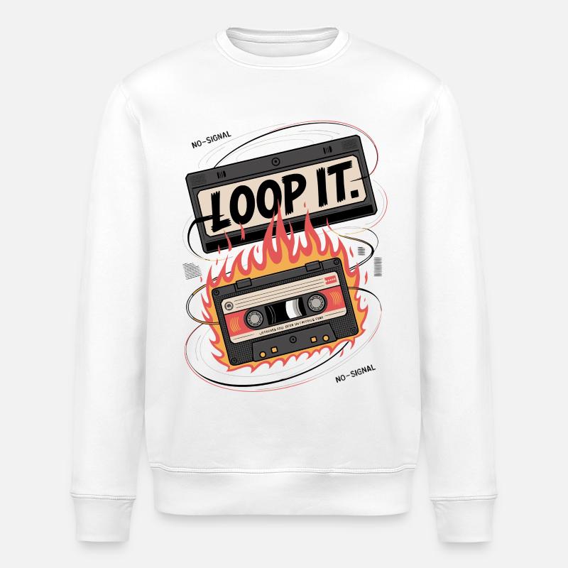 Retro Kassette mit "Loop It" Flammen-Design - Stanley/Stella Unisex Bio-Sweatshirt ROLLER - Weiß