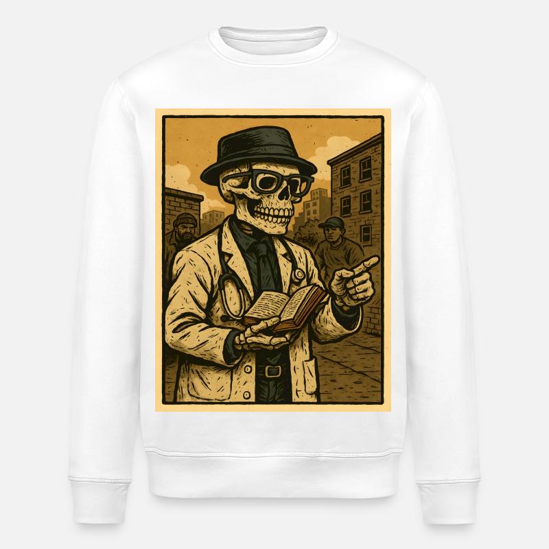Retro-Skelett  Doktor mit Buch - Stanley/Stella Unisex Bio-Sweatshirt ROLLER - Weiß