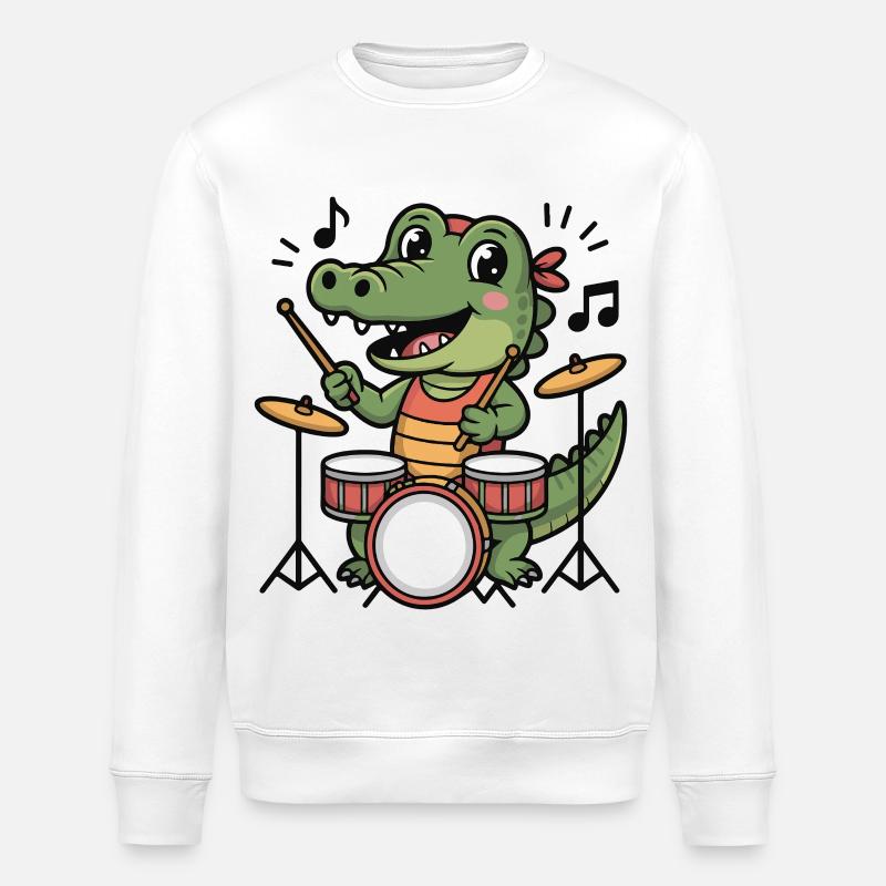 Krokodil-Drummer Cartoon-Design - Stanley/Stella Unisex Bio-Sweatshirt ROLLER - Weiß