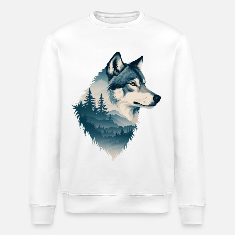 Blauer Wolf im Wald - Stanley/Stella Unisex Bio-Sweatshirt ROLLER - Weiß